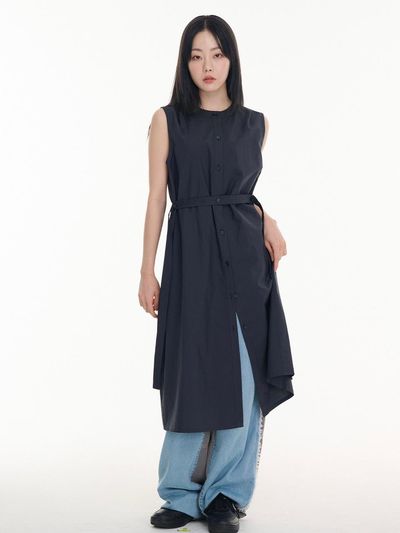 LETOILE SLEEVELESS BUTTON BELT DRESS DARK NAVY (LEBSMOP538