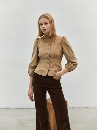 LETQSTUDIO Fitted Corduroy Blouse (Light Camel)