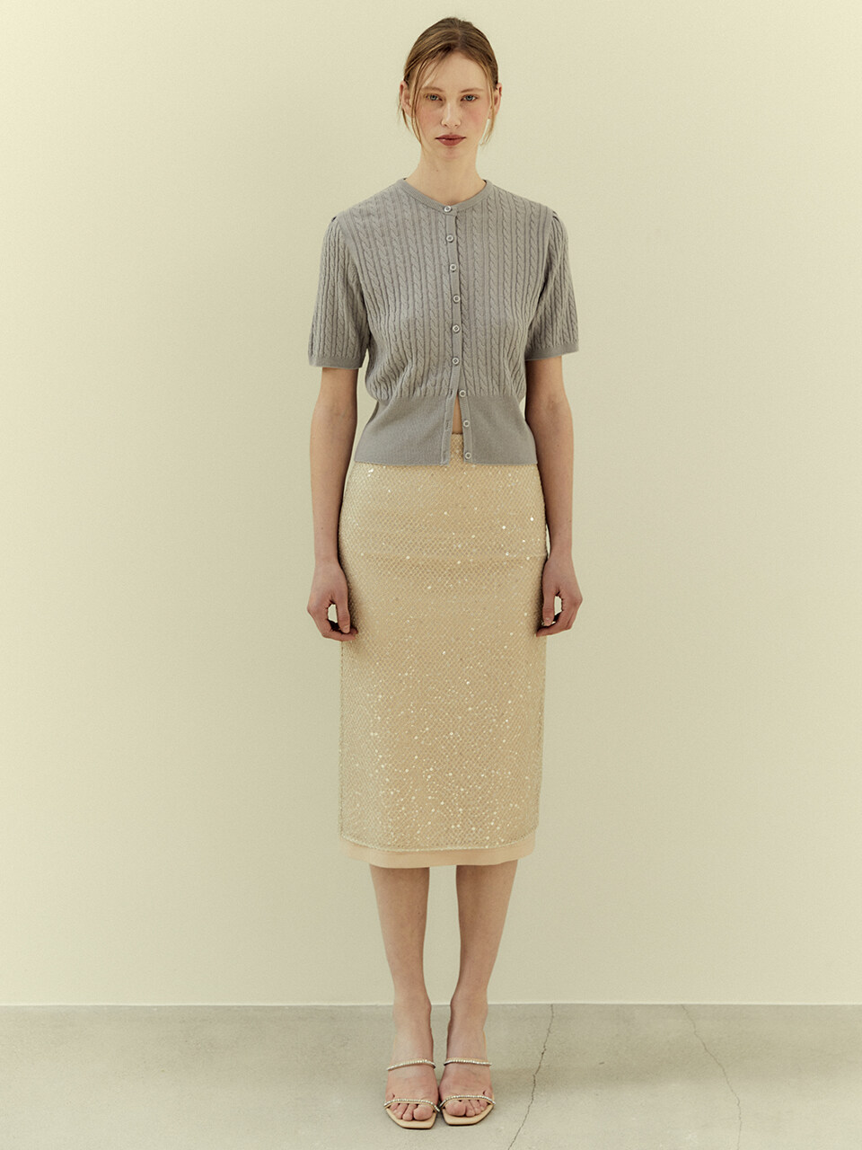LETQSTUDIO Sequin Stretch Midi Skirt_Sand