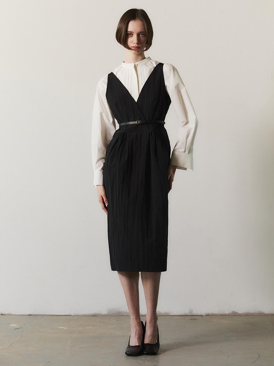 LETQSTUDIO V neck Gathering Dress_Nylon Black
