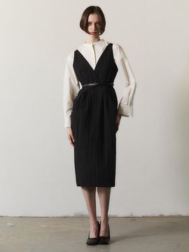 LETQSTUDIO V neck Gathering Dress_Nylon Black