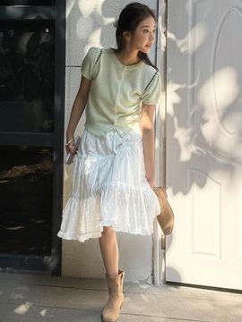 LETTER FROM MOON Flower Lace Can-Can Midi Skirt [White]