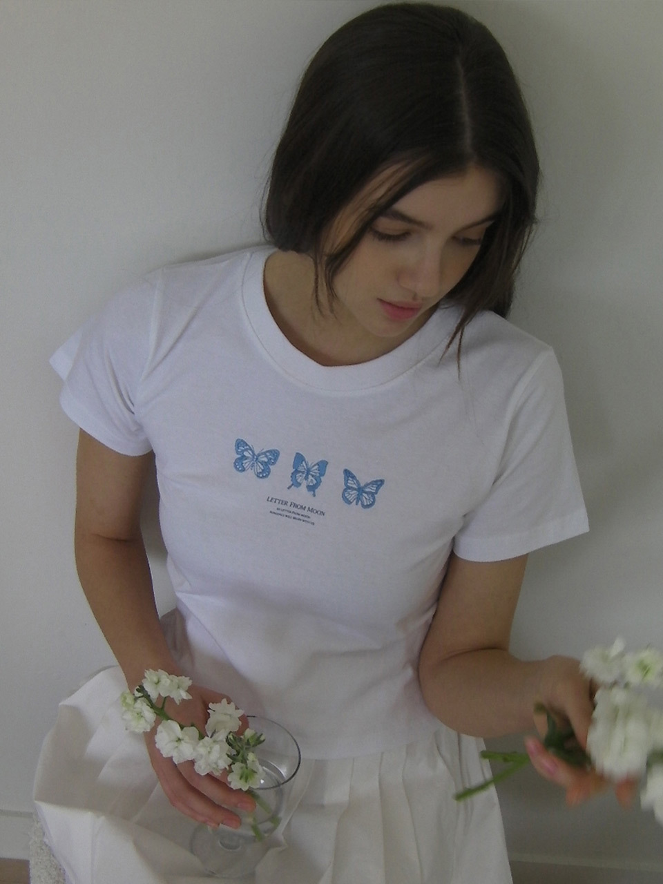 LETTER FROM MOON Triple Crop Short Sleeve T-shirt_White and Blue