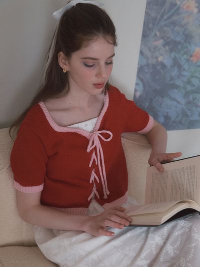 LETTER FROM MOON Tulip Line Eyelet Cardigan_Red