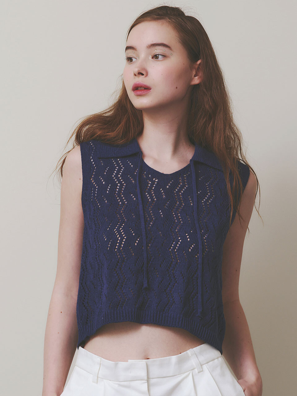 LETTER FROM MOON Wavy Collar Summer Sweater_Navy