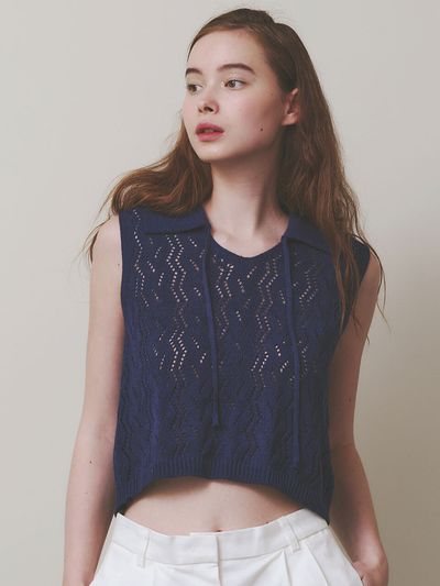 LETTER FROM MOON Wavy Collar Summer Sweater_Navy