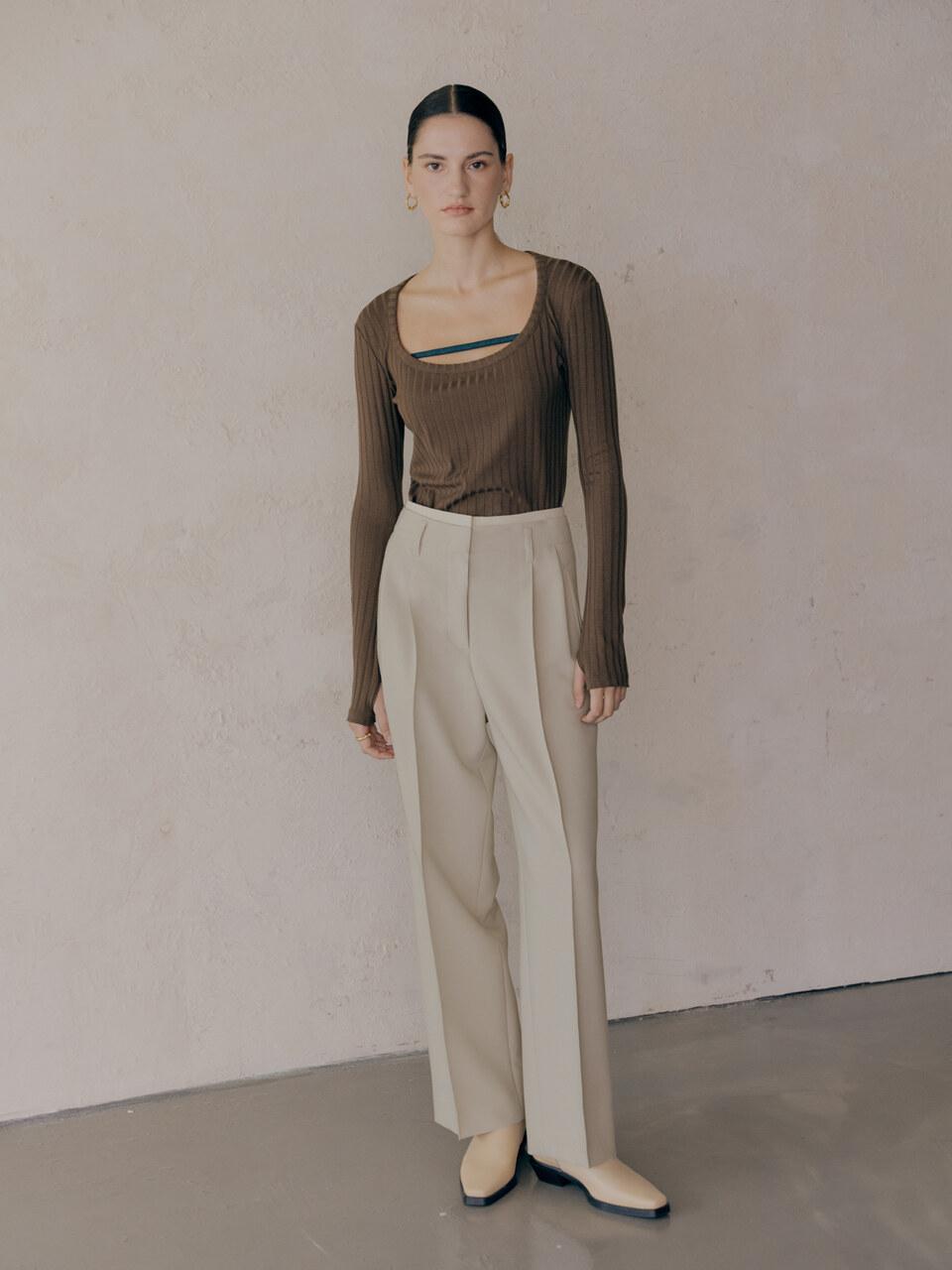LEUNI Double Waist High Rise Trouser_Cream