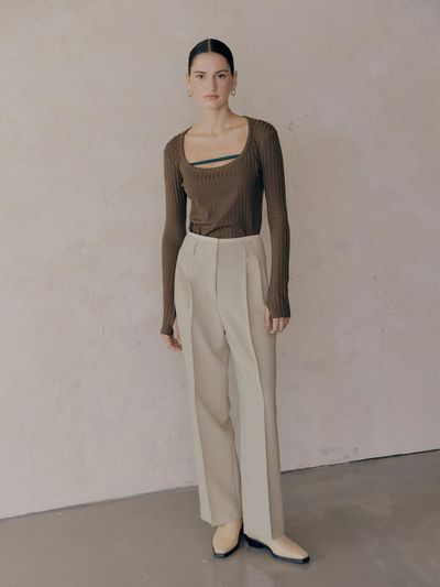 LEUNI Double Waist High Rise Trouser_Cream