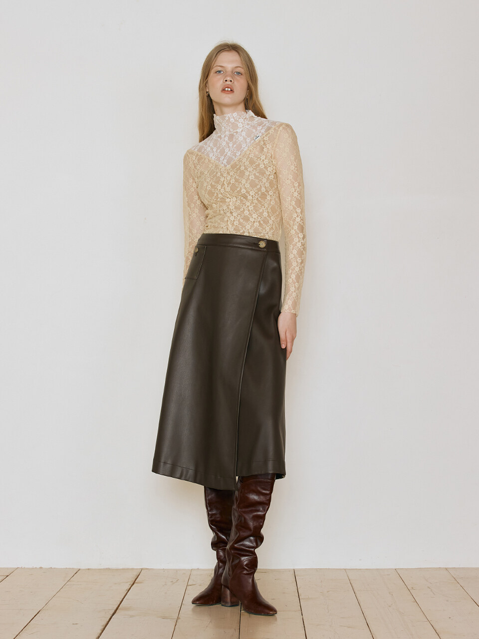 LEUNI Vegan Leather Wrap Skirt_Brown