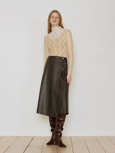 LEUNI Vegan Leather Wrap Skirt_Brown