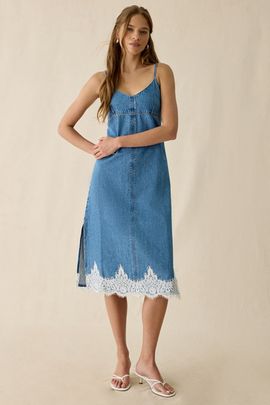Levi's Levi's '90s Denim Lace Trim Slip Midi Dress in Slipped My Mind, Women's at Urban Outfitters