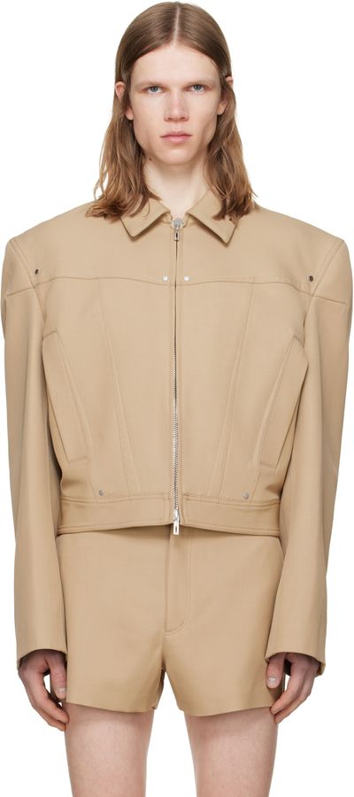 LGN Louis Gabriel Nouchi LGN Louis Gabriel Nouchi Beige Shoulder Padding Wool Zipped Jacket