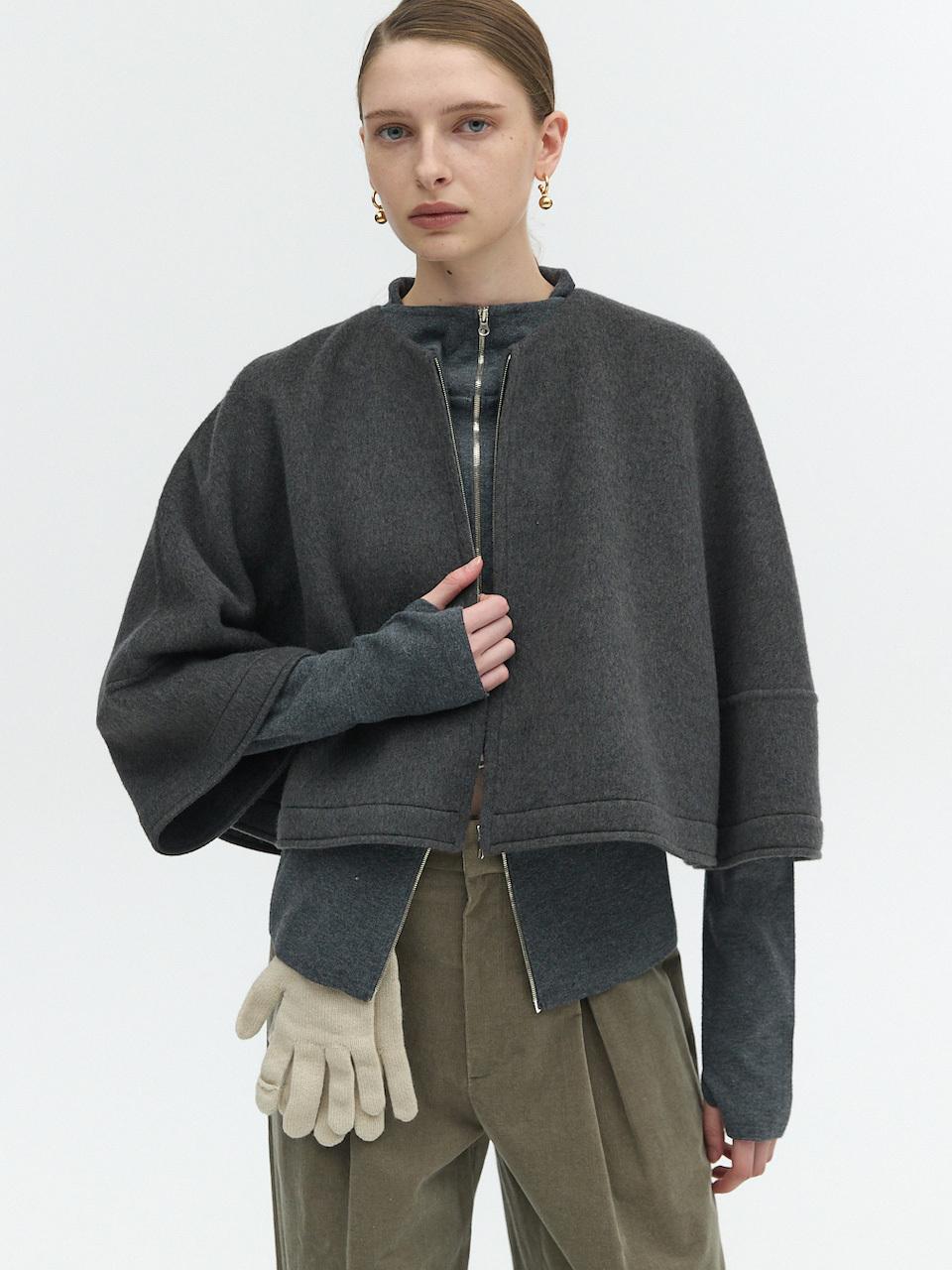 L’H.A.S CROP ROUND ZIP UP CAPE JACKET_CHARCOAL GRAY