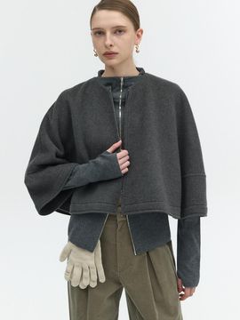 L’H.A.S CROP ROUND ZIP UP CAPE JACKET_CHARCOAL GRAY
