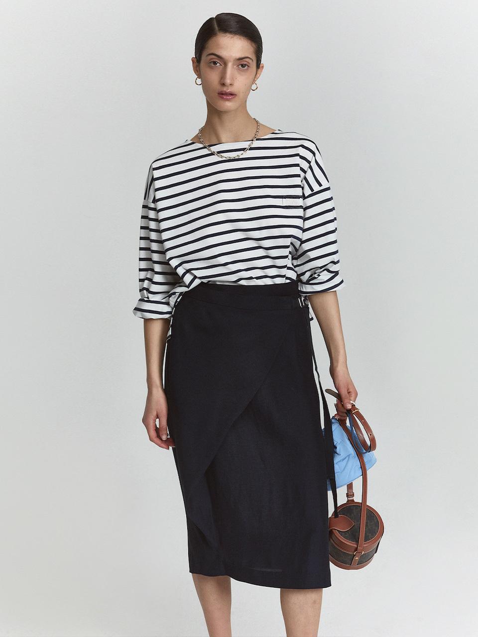 L’H.A.S Linen Blend Light Fresh Wrap Skirt_Navy