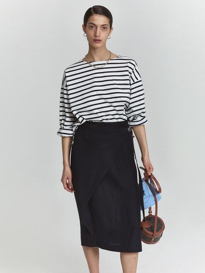 L’H.A.S Linen Blend Light Fresh Wrap Skirt_Navy