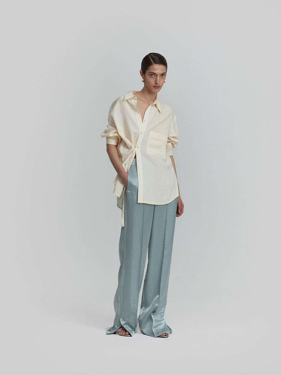 L’H.A.S Mid Rise Satin Straight Leg Pants_Light Blue