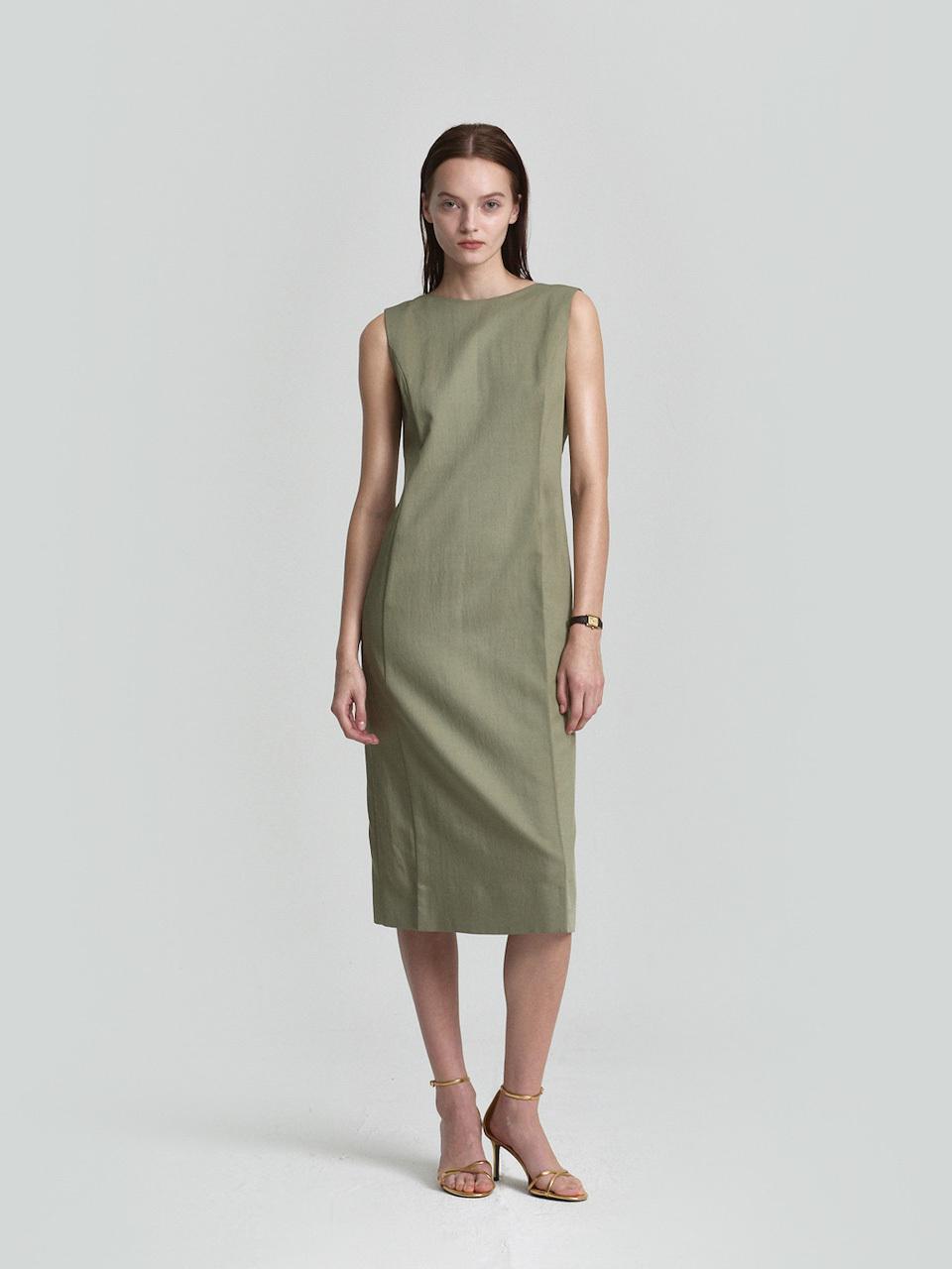 L’H.A.S Midi Deep V Neck Slim Dress_Light Khaki