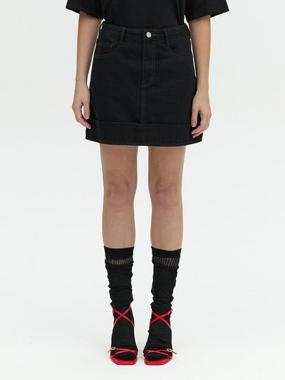 L’H.A.S TURN UP MINI DENIM SKIRT_BLACK