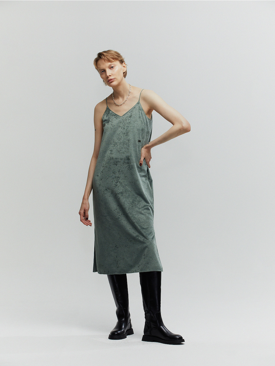 L’H.A.S Velvet Slip Dress_Light Khaki