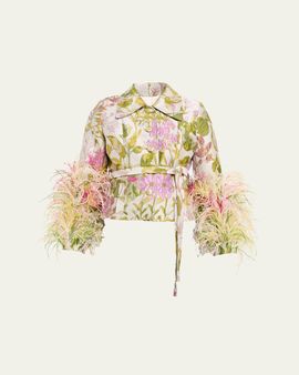 Libertine Dianthus Jacquard Feather-Trim Single-Breasted Jacket