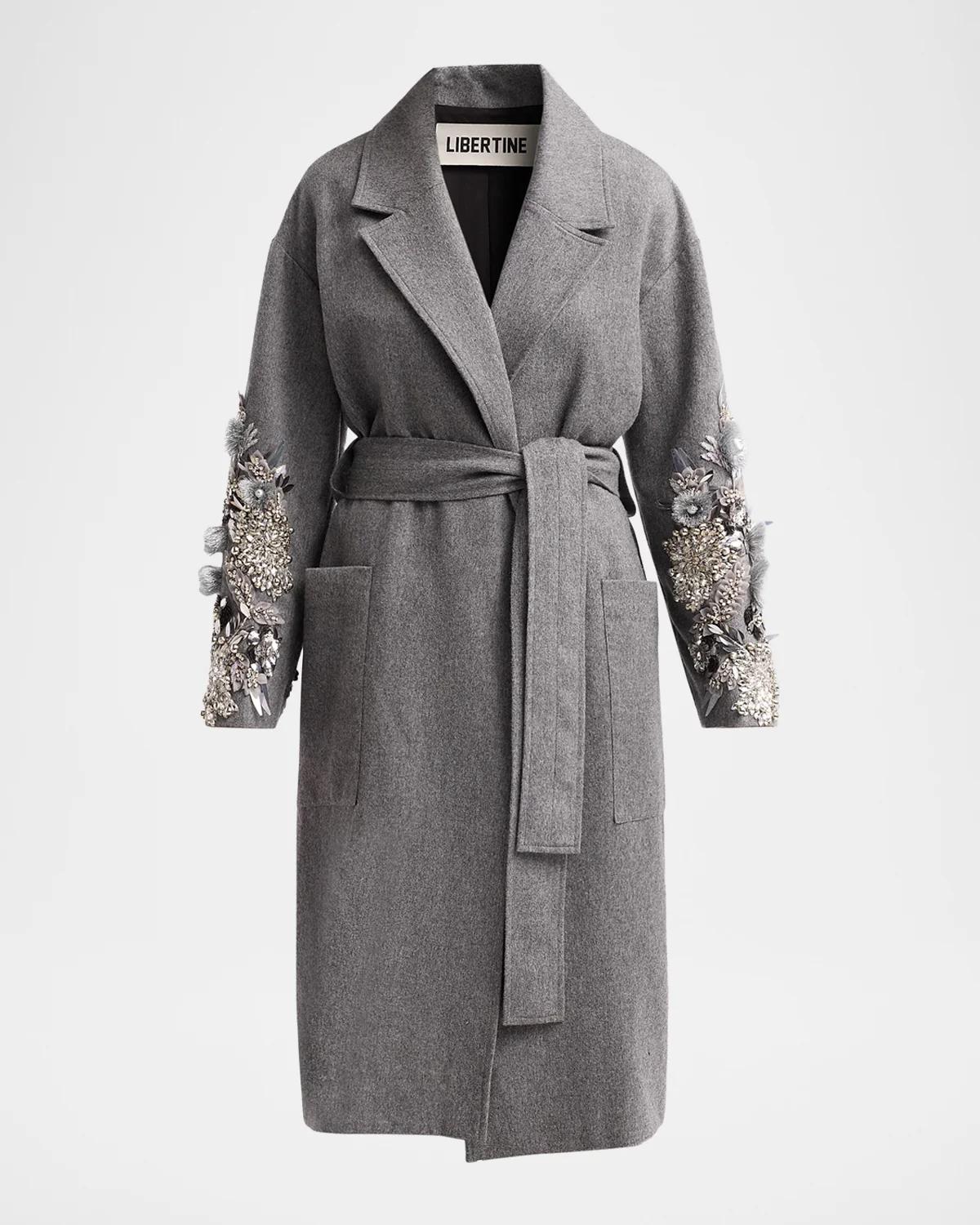 Libertine Frosted Flowers Embellished Wool-Cashmere Wrap Coat