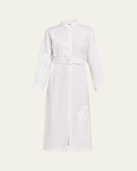 Libertine White On White Hand Silk Screen Belted Linen Shirtdress