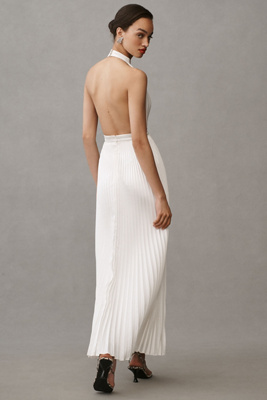l'ide chateau halter front-cutout pleated midi dress L'IDE Chateau Pleated Satin Halter Midi Dress
