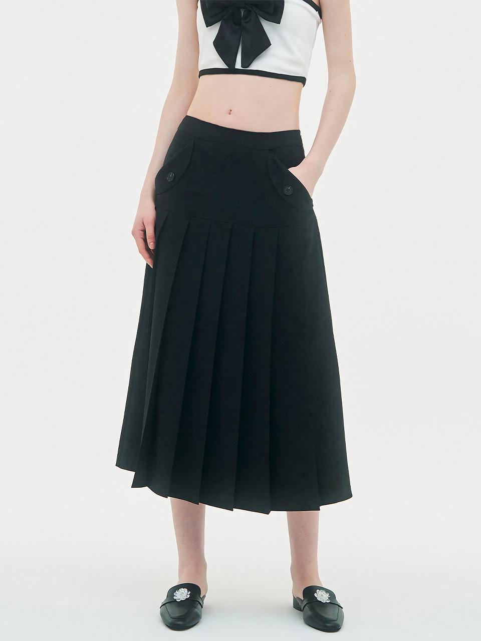 LIE MEQUE Pocket Pleats Long Skirt Black