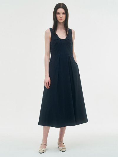 LIE MEQUE Ribbon Draping Long Dress Navy