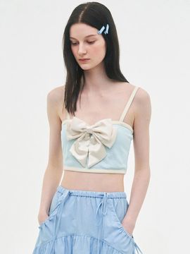 LIE MEQUE Silky Ribbon Sleeveless Crop Top Blue