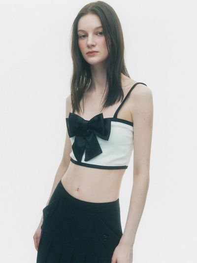 LIE MEQUE Silky Ribbon Sleeveless Crop Top White