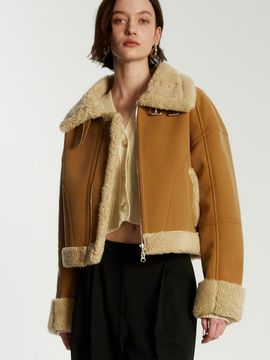 LIE MEQUE Wide Collar Shearling Jacket - Beige