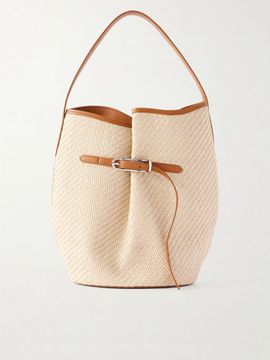 LIFFNER Buckled leather-trimmed woven raffia shoulder bag