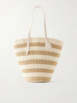 LIFFNER Striped leather-trimmed raffia tote bag