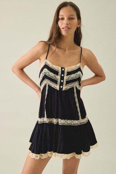 Light Before Dark Light Before Dark Tabitha Lace Trim Satin Babydoll Mini Dress in Black, Women's at Urban Outfitters