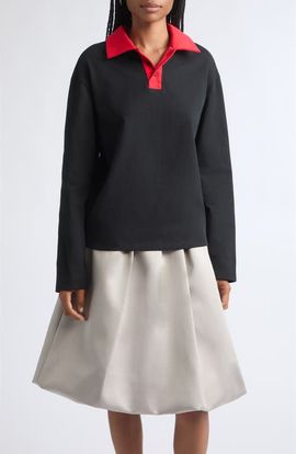 LII LII Contrast Collar Long Sleeve Cotton Polo