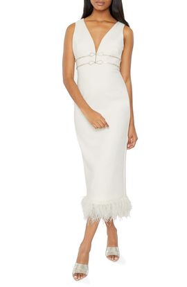 LIKELY LIKELY Corianne Feather Trim Empire Waist Midi Dress