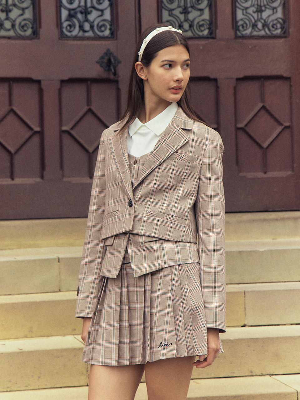 LIKK Glen Check Pleats Currot Skirt (Beige)