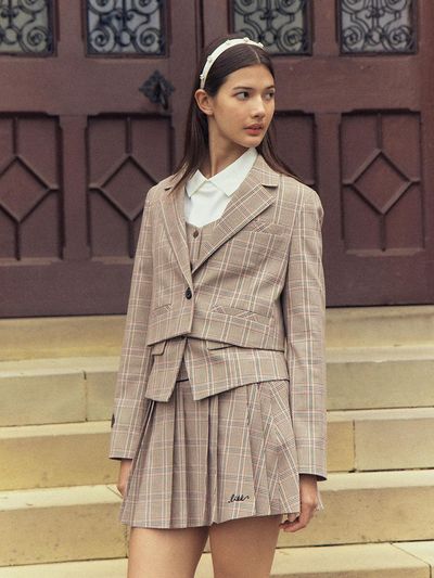 LIKK Glen Check Pleats Currot Skirt (Beige)