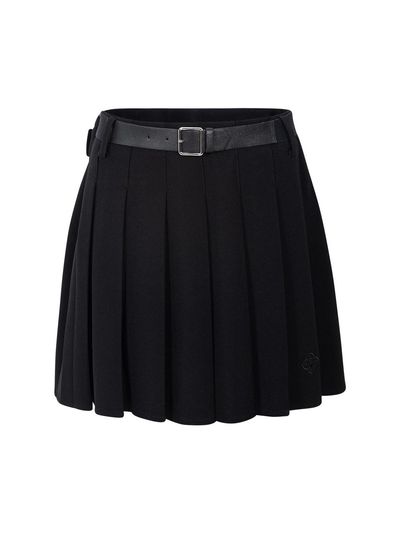 LIKK Leather Belted Pleated Tricot Culottes Skirt [Black]