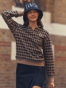 LIKK Notch neck gingham check sweatshirt (beige)