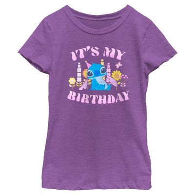 Lilo & Stitch Disney Girls Lilo & Stitch Angel Birthday Shirt - Purple Berry Short Sleeve Tee - It's My Birthday Design for Youth 