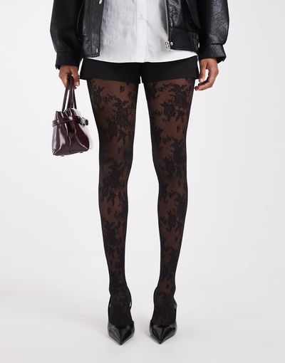 Lindex Lindex 40 denier all over floral lace tights in black