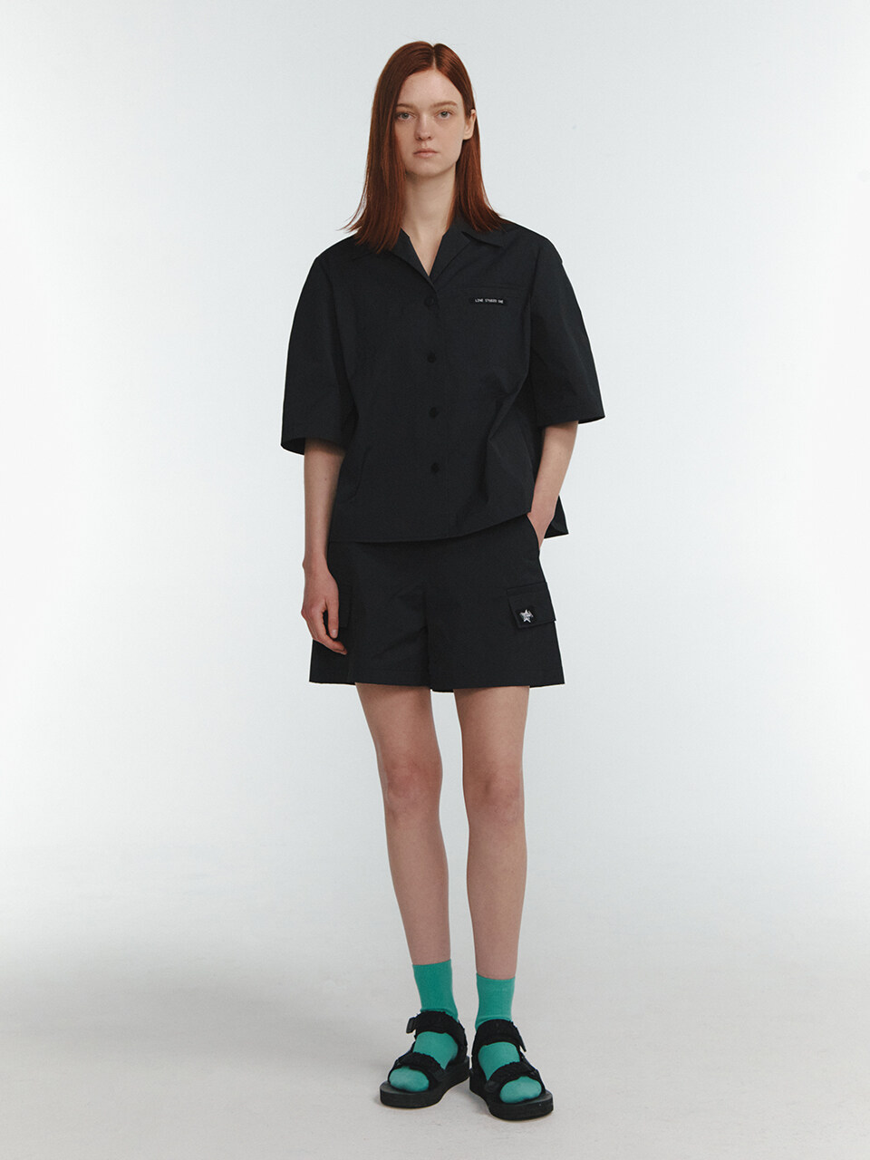 LINE STUDIO ONE Field Label Embroidery Shorts_Black