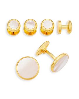 Link Up Link Up Gold-Tone Round White Mother-of-Pearl Stud & Cufflink Set
