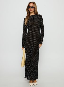 Lioness Haven Long Sleeve Maxi Dress Noir Polka