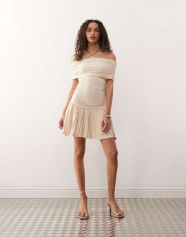 Lioness Lioness bardot ruched waist pleated drop hem mini dress in oatmeal-Neutral