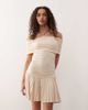 Lioness Lioness bardot ruched waist pleated drop hem mini dress in oatmeal-Neutral - 2