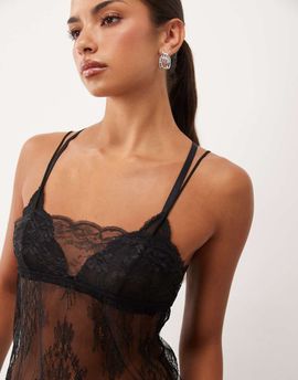 Lioness Lioness barely there scallop trim tie back lace cami top in black